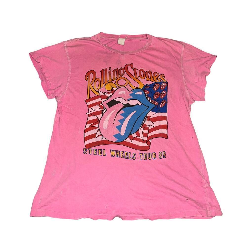 Madeworn Rolling Stones Band Tee Pink Distressed Medium Steel Wheels Tour ‘89